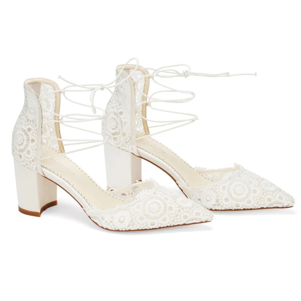 Bella Belle Ivory Floral Lace Block Heel | Wedding Heels